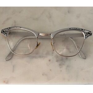 Vintage Shuron USA Cat Eye Browline Glasses Silver 1/10 12K GF Aluminum 46-24